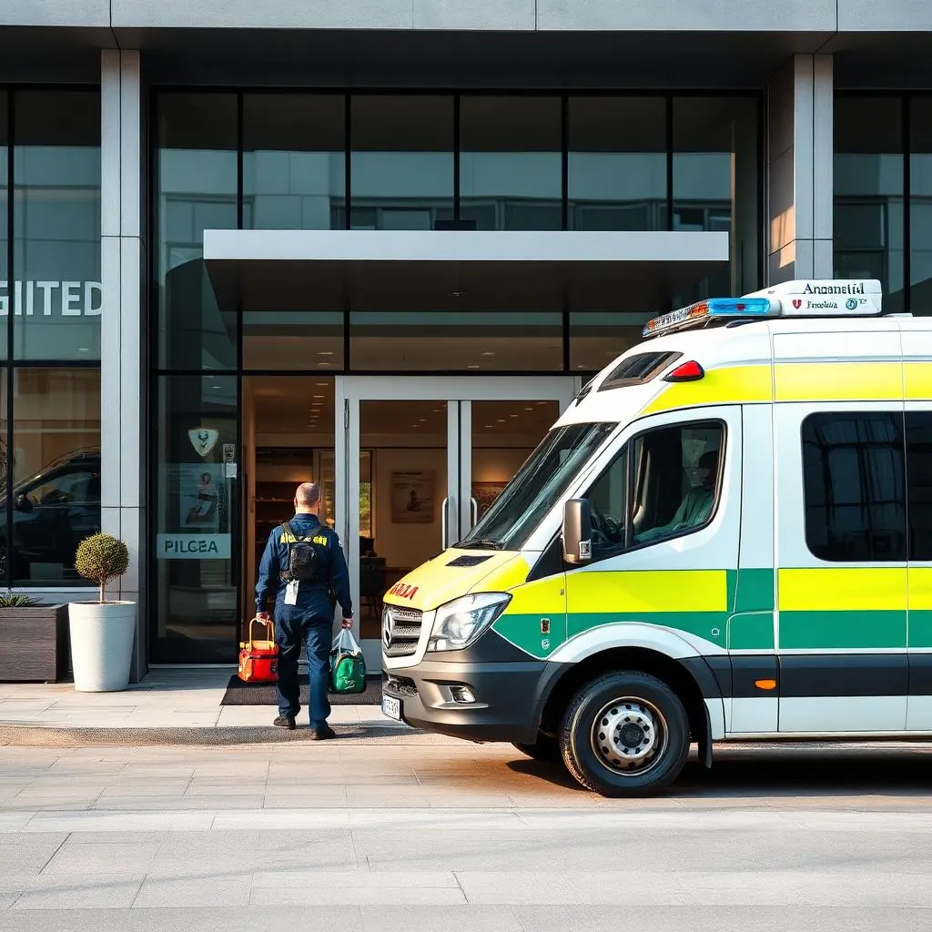 Ambulância da CENEMED posicionada em empresa