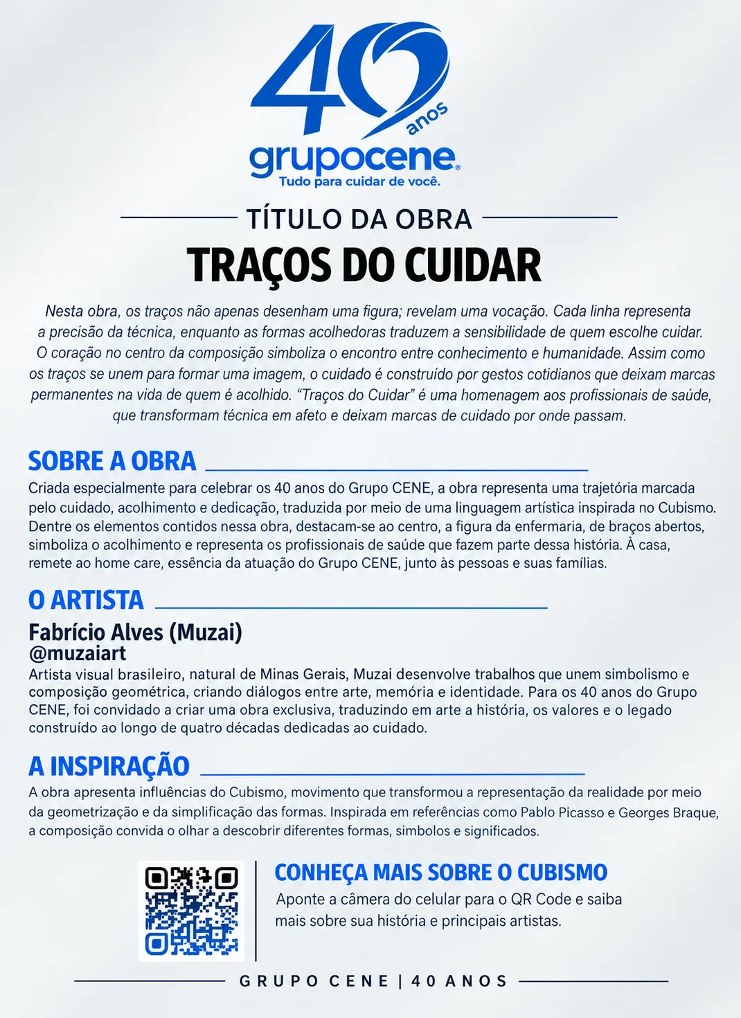 Painel explicativo da obra Traços do Cuidar, com conceito, informações sobre o artista Muzai e inspiração no Cubismo